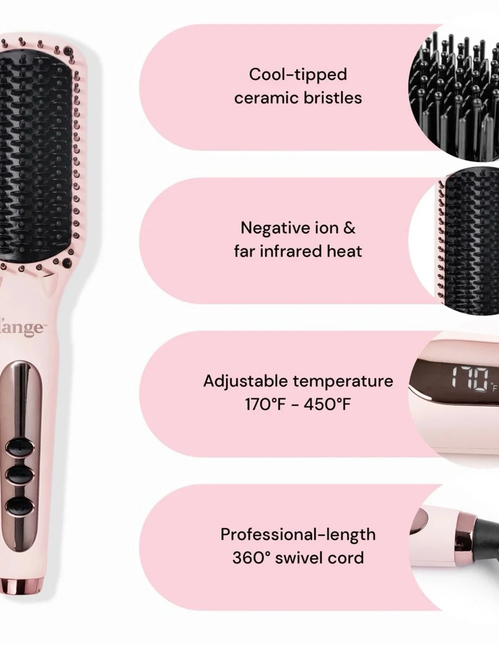 Lange Rose Pink Heated Straightening Brush with Black Bristles